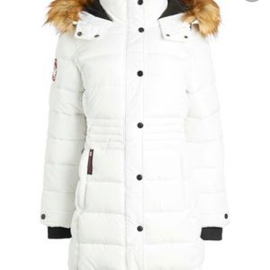 New Canadian Weather Gear White Waste Panel faux fur hood long puffer